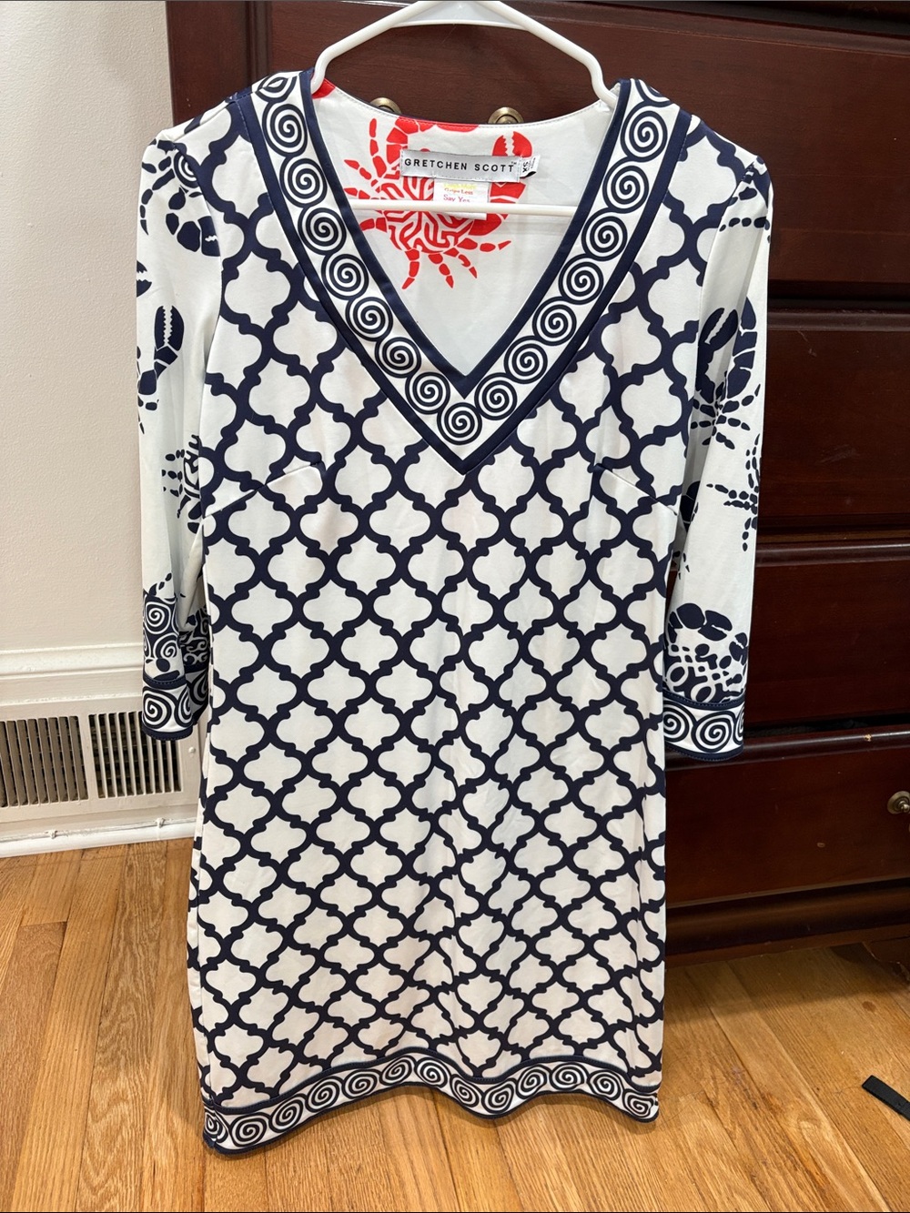 Gretchen Scott Designs Navy and White Geometric V-Neck Tunic Dress